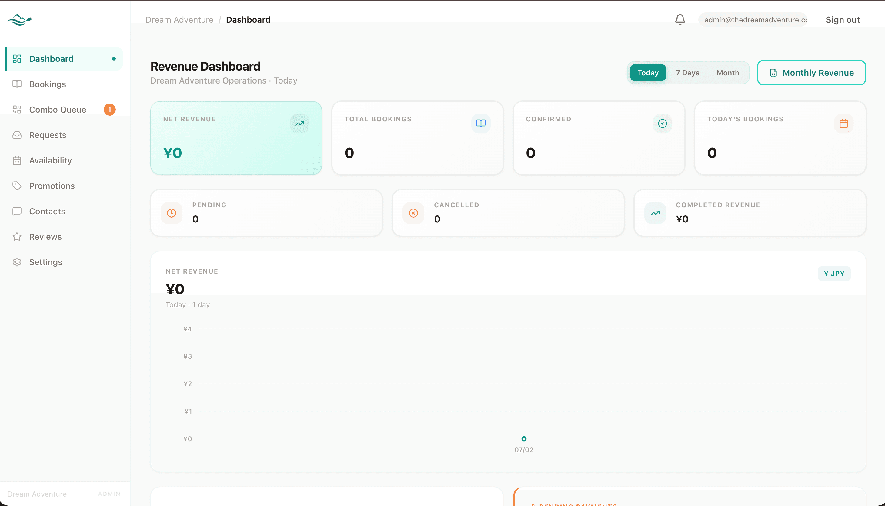 Admin dashboard — revenue overview, booking timeline and scheduling tools