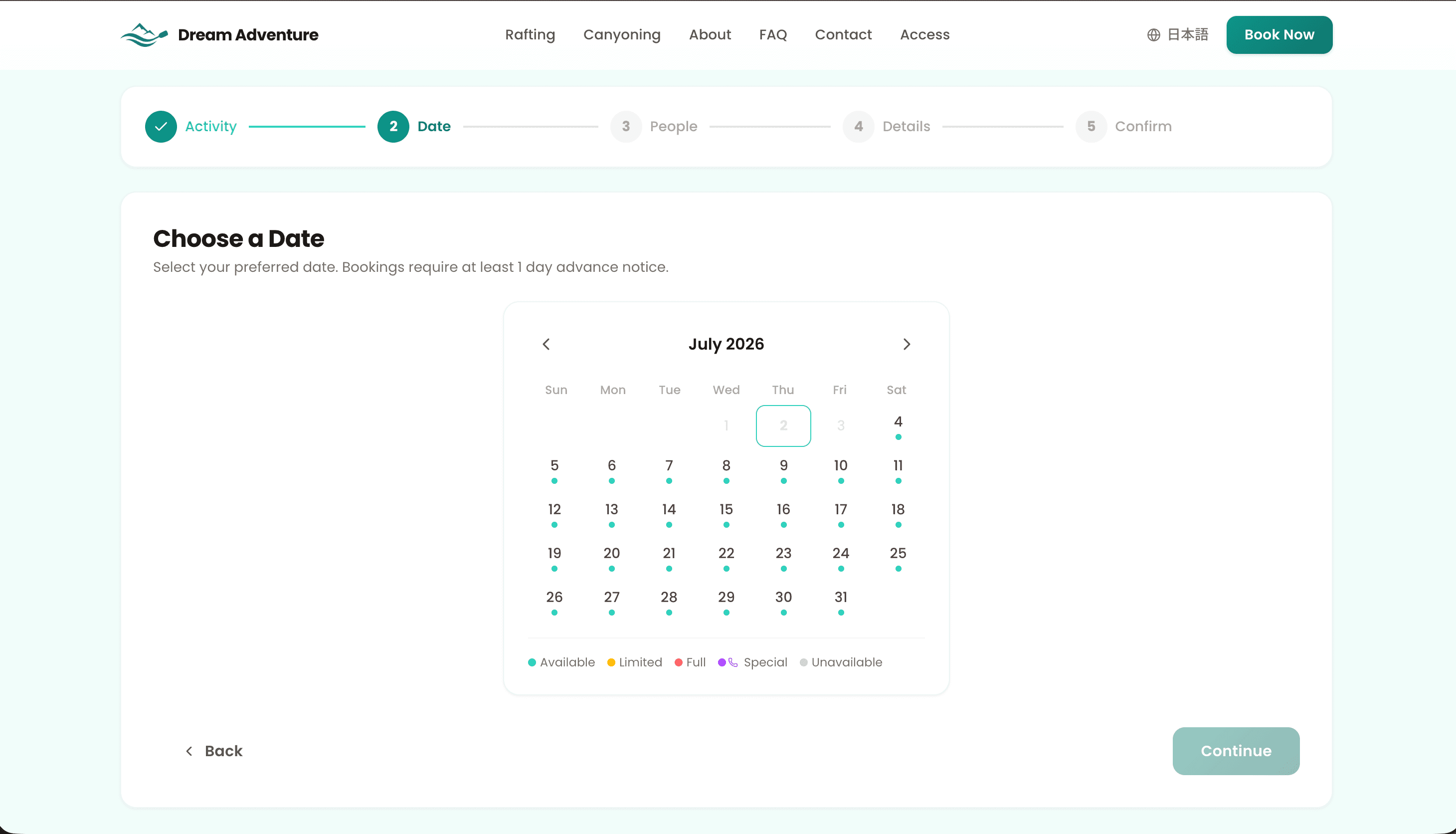 Live availability calendar — date picker for multi-step reservation flow