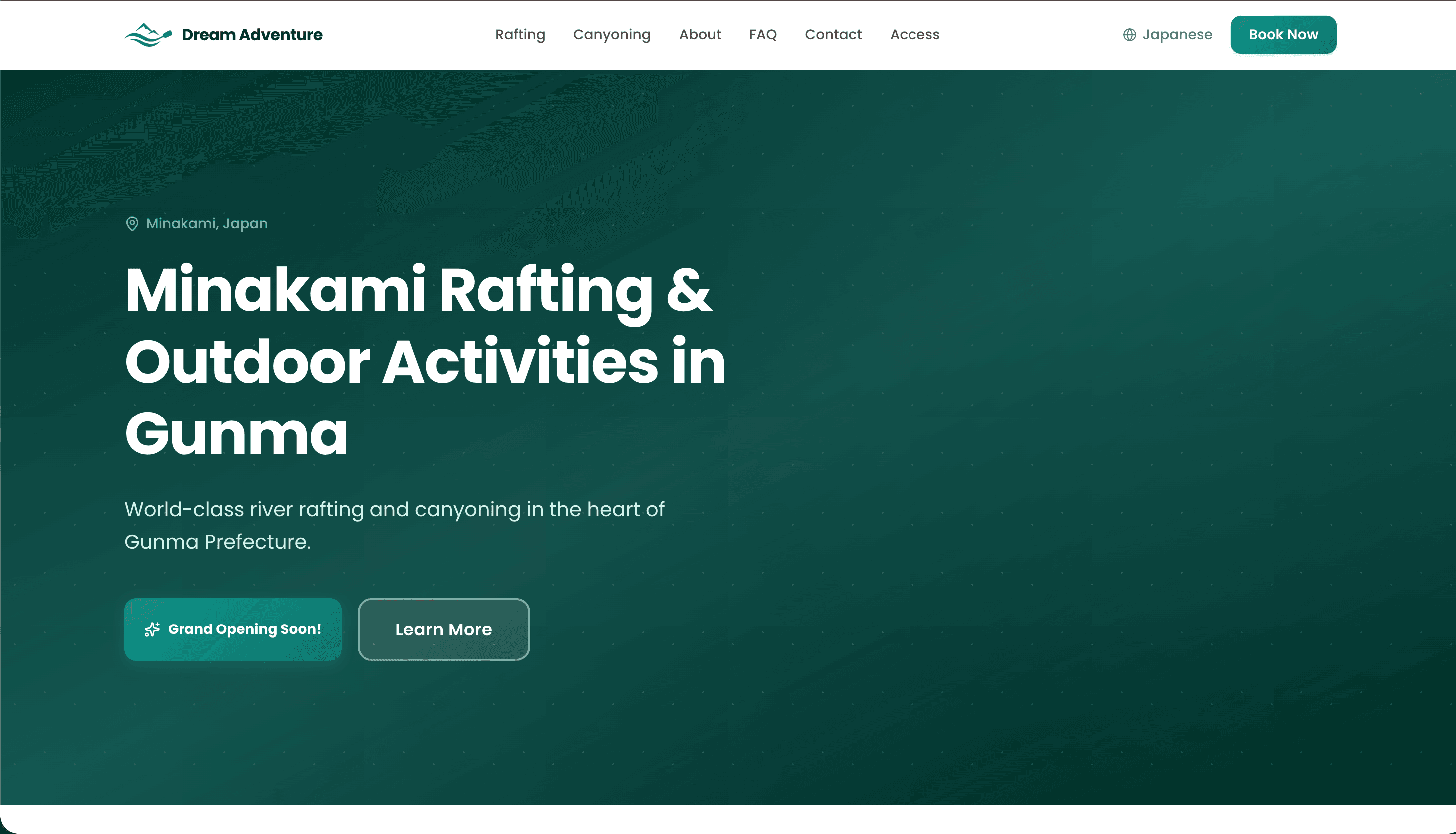 Dream Adventure homepage — teal hero with Minakami gorge imagery and booking call-to-action