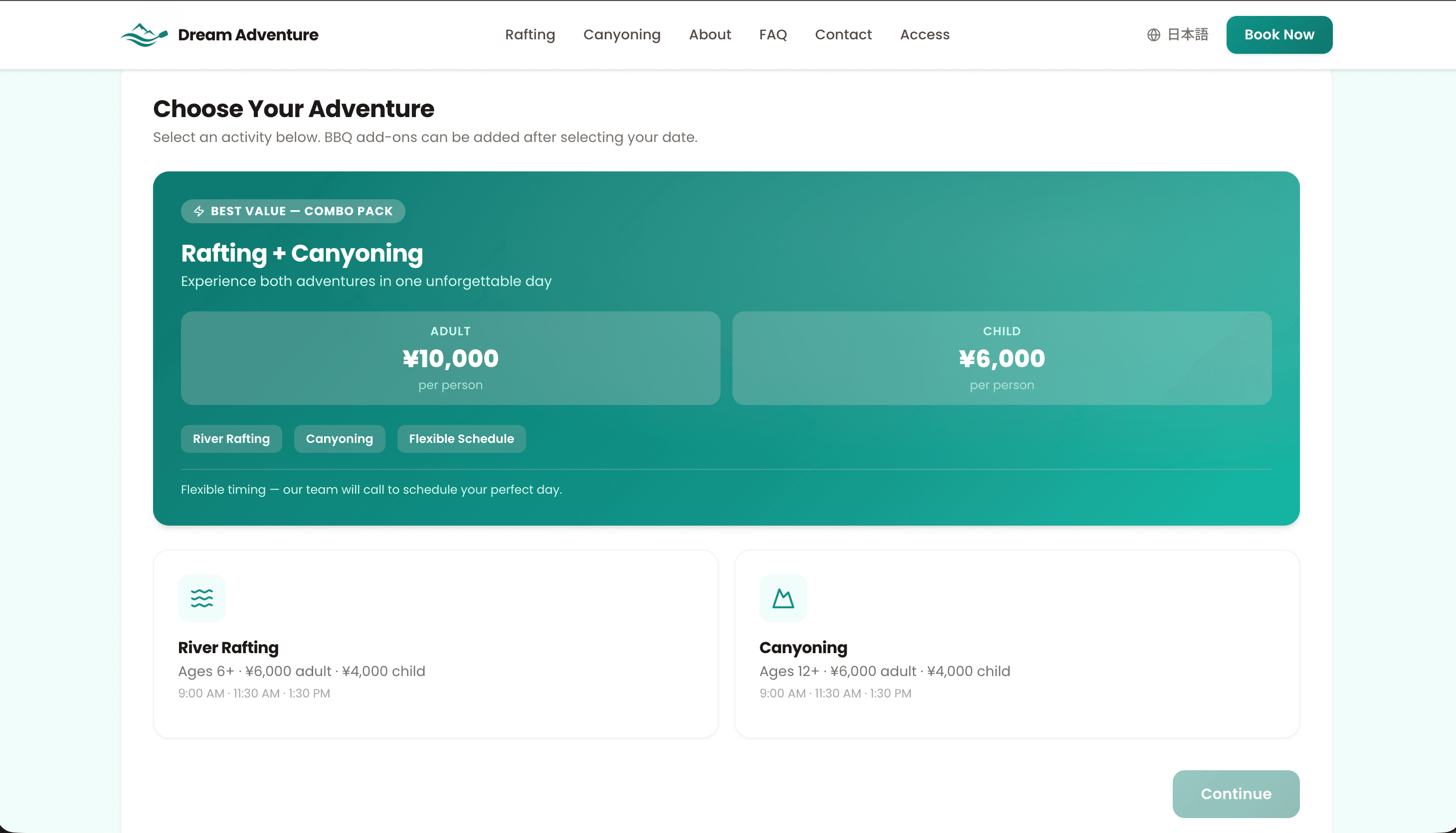 Adventure packages grid — combo tours with pricing and availability indicators