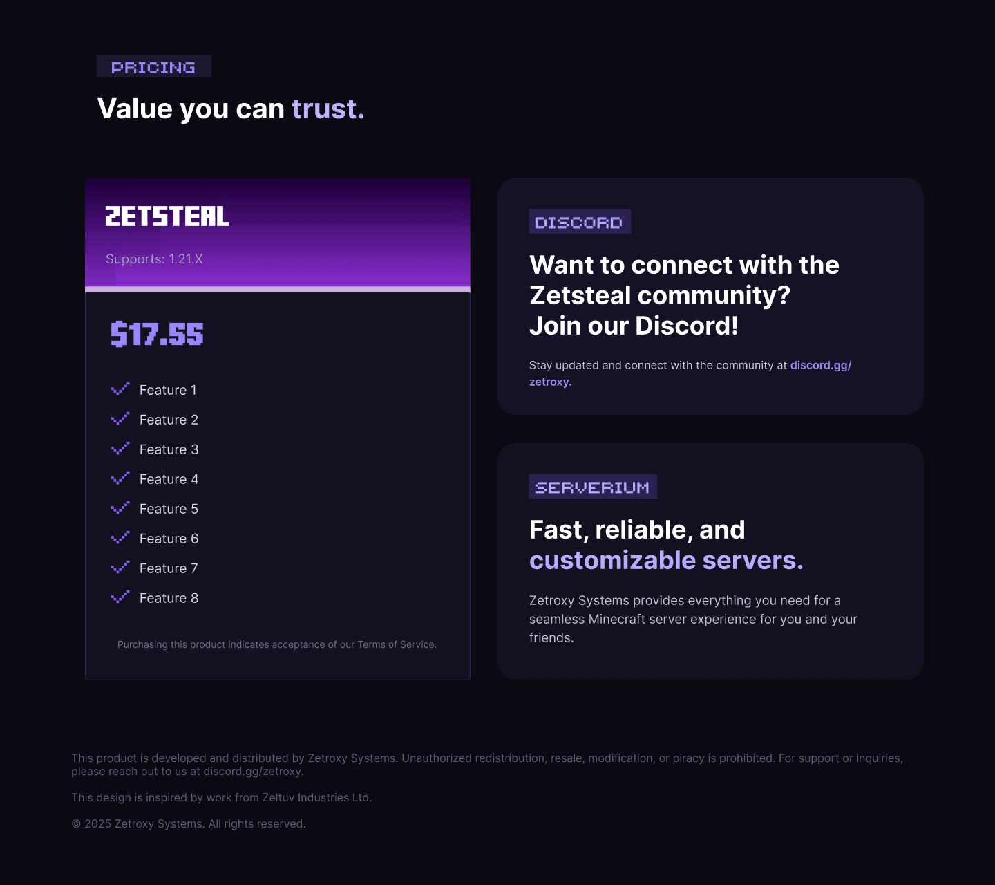 Zetsteal pricing page — dark high-contrast game-UI with tiered plan layout