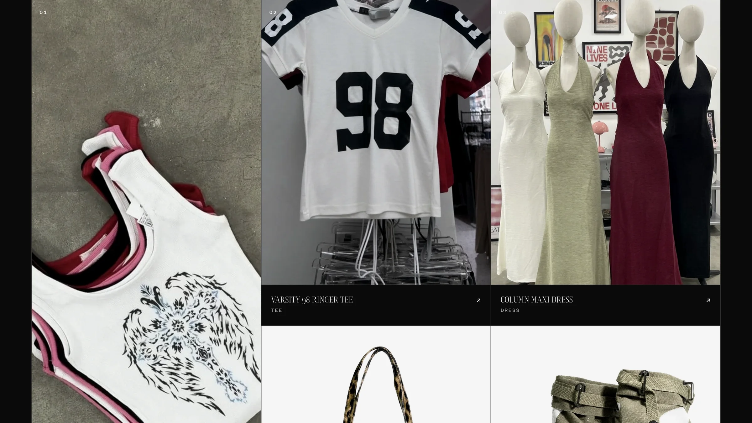 Didee new arrivals — full-bleed photography of a graphic tee, dresses and accessories in an editorial grid