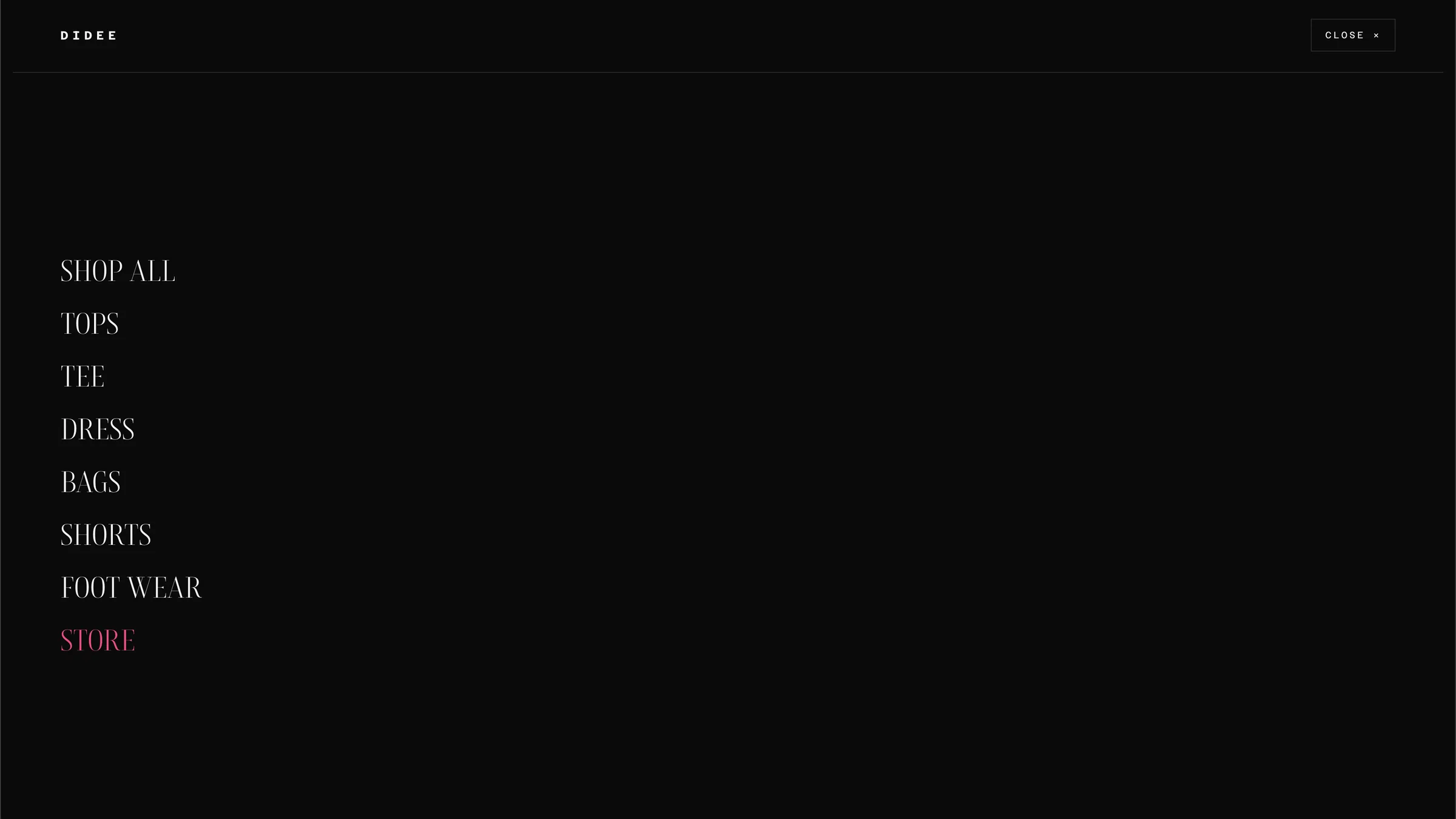 Full-screen category navigation overlay
