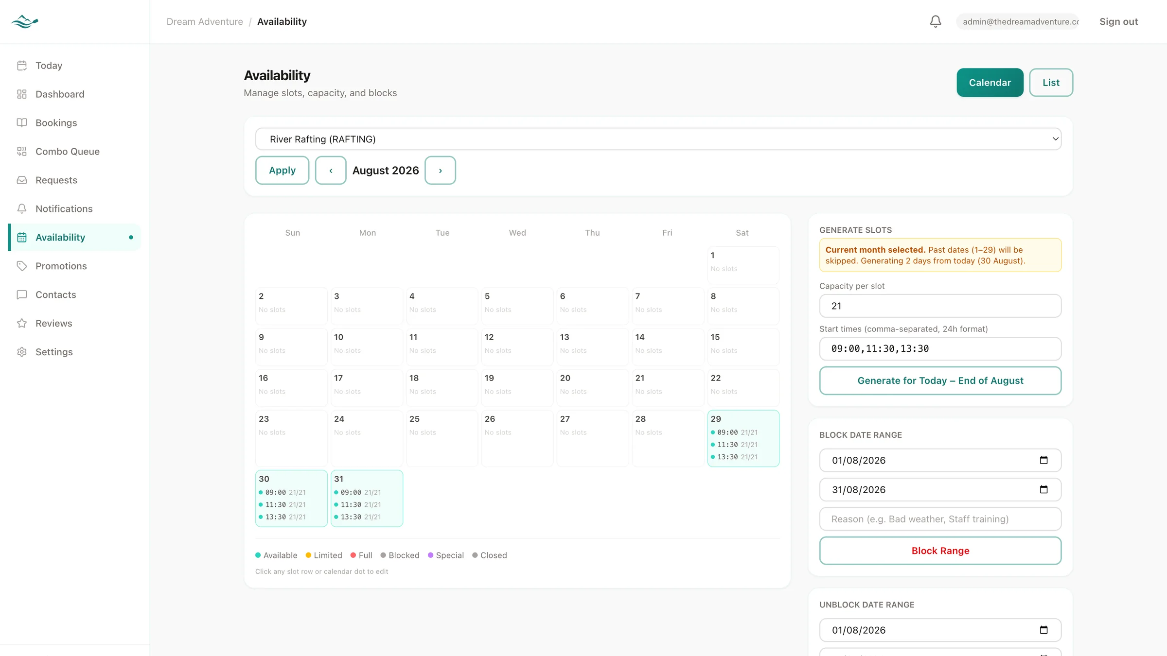 Admin availability calendar with per-slot capacity controls and departure management