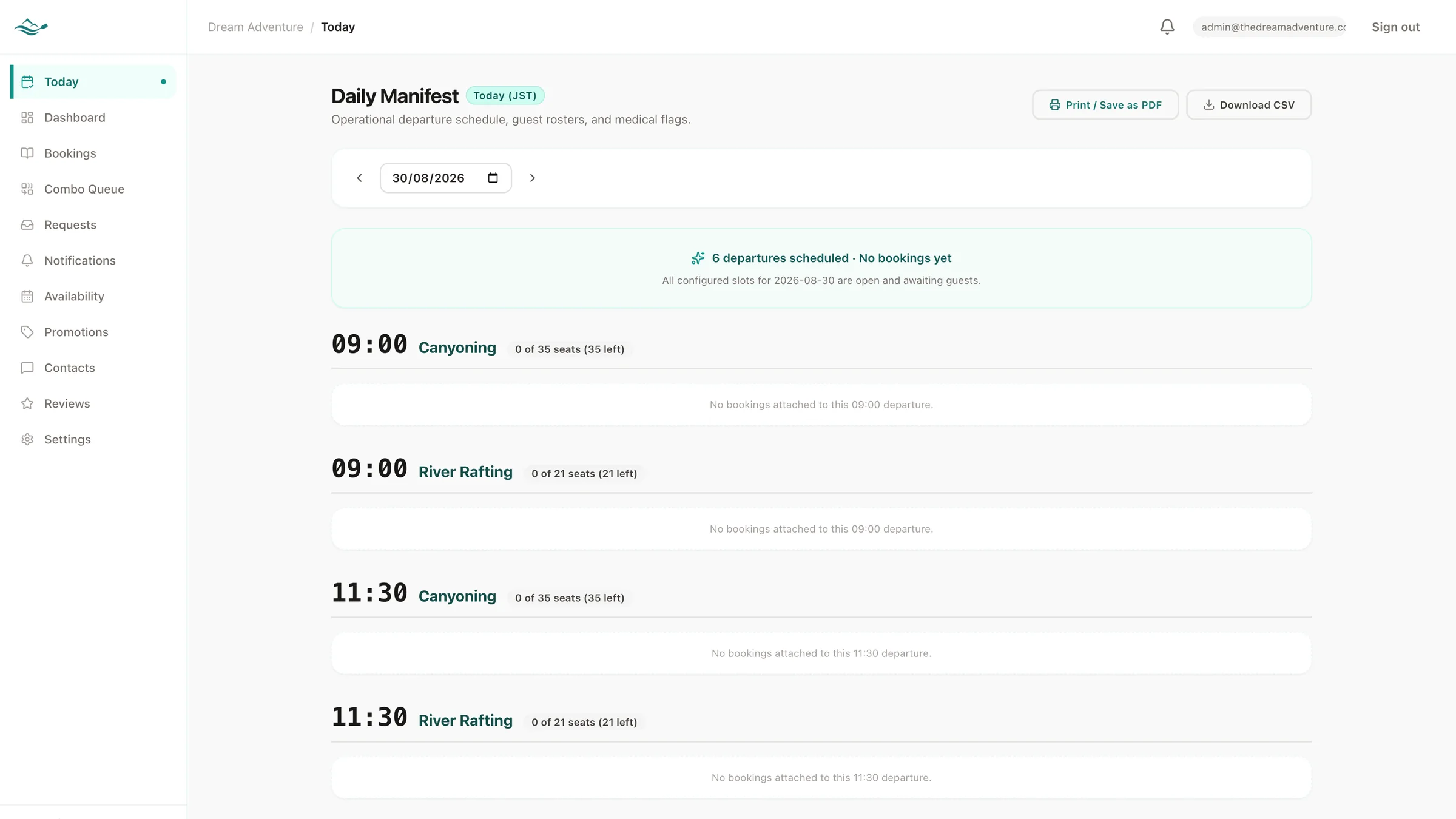 Daily guide manifest screen showing customer roster grouped by departure