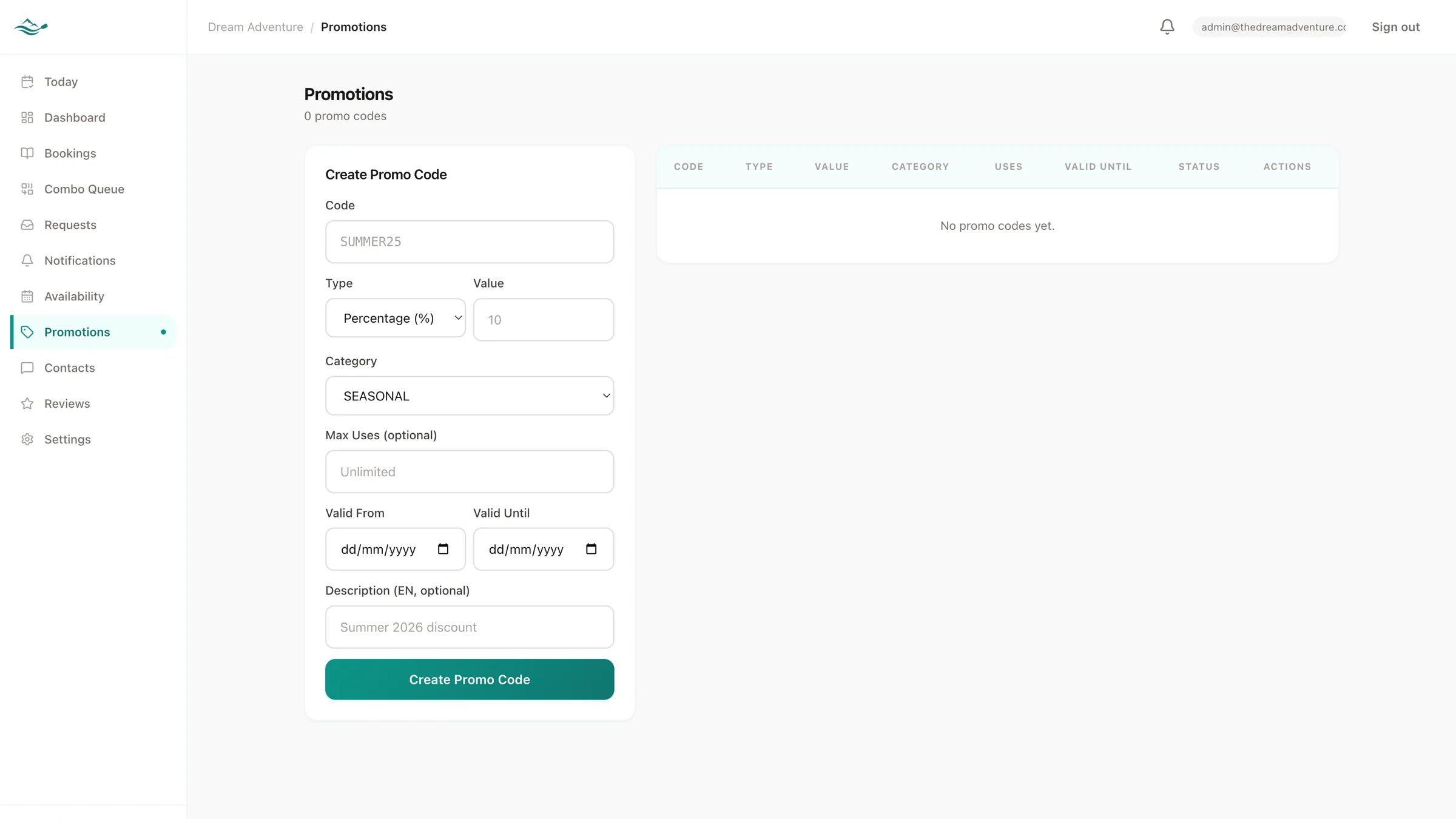 Promotion management interface for discount codes and seasonal campaigns