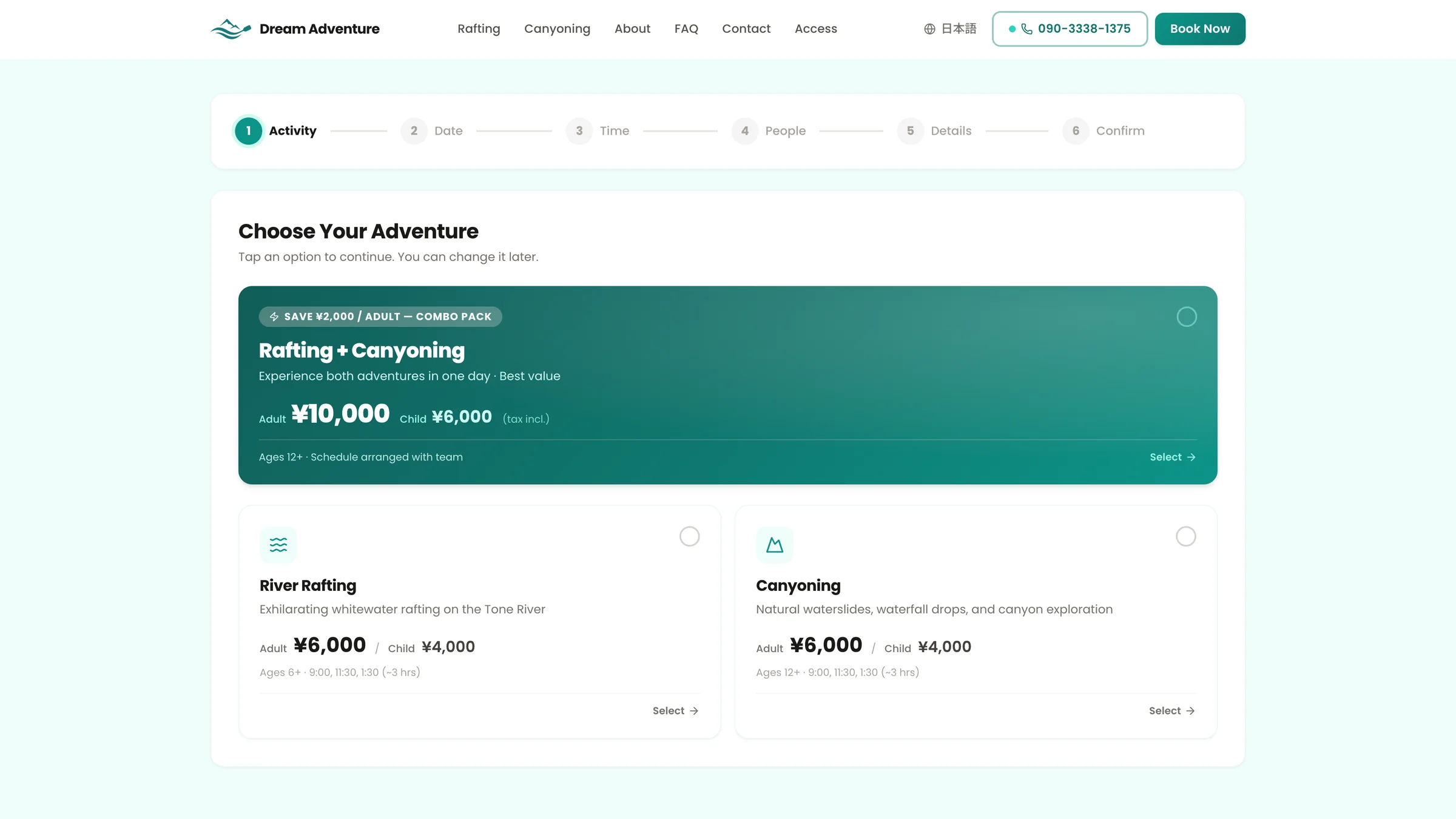 Dream Adventure booking wizard — step one of six, choosing between the rafting and canyoning combo package or a single activity