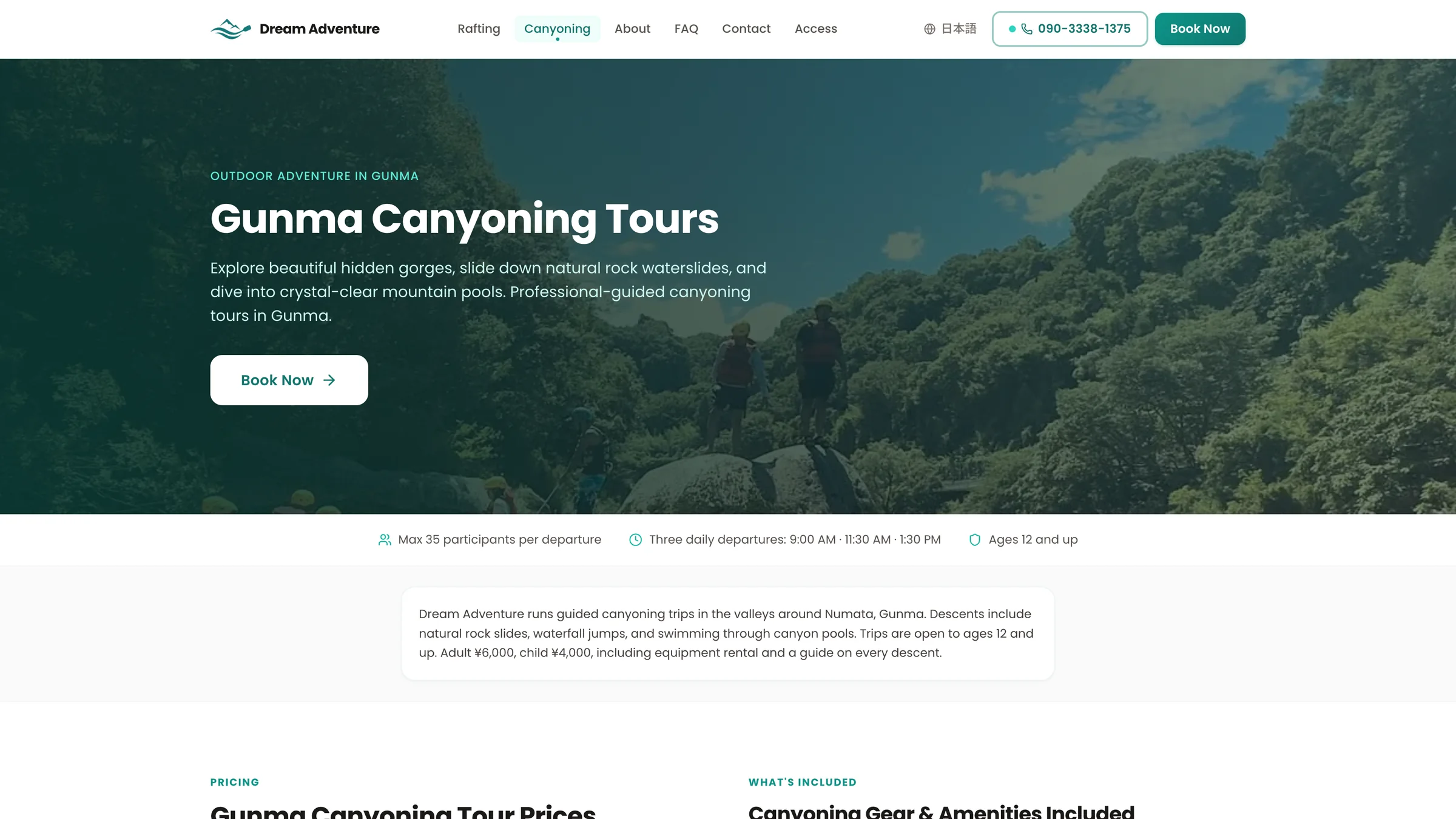 Dream Adventure canyoning activity page highlighting courses and gear