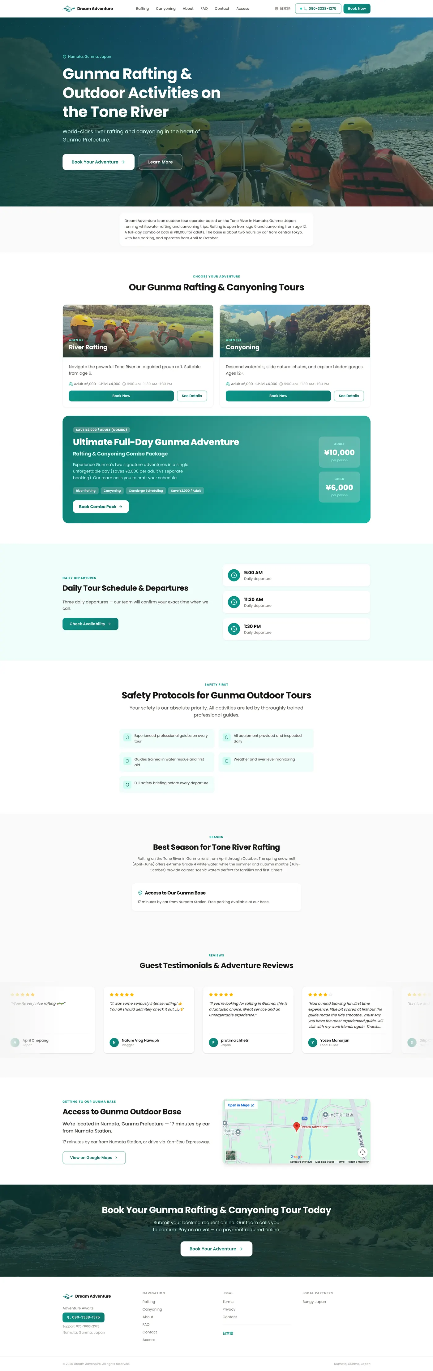 Full page layout scroll of the Dream Adventure homepage