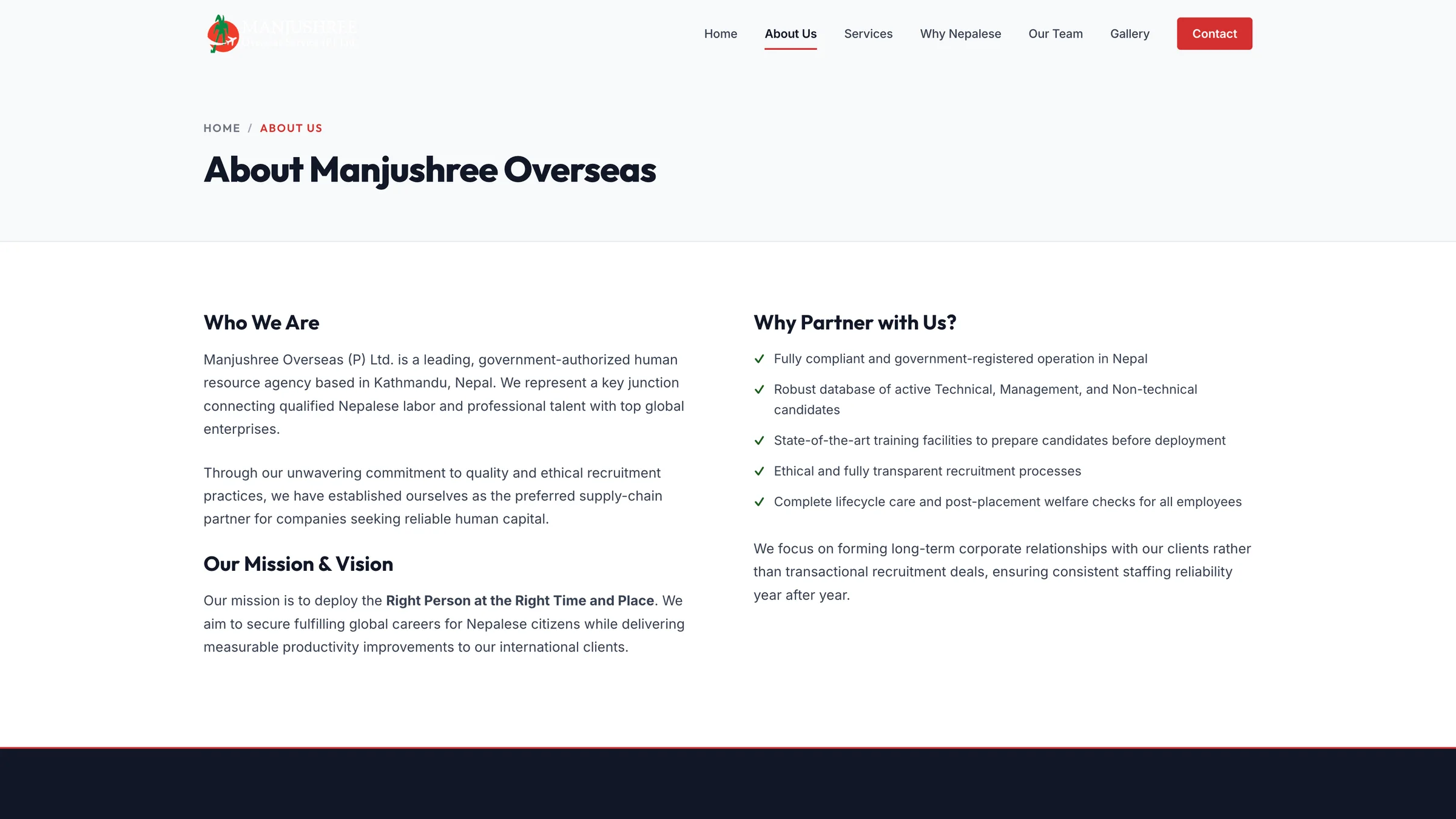 About page detailing company history and ethical recruitment values