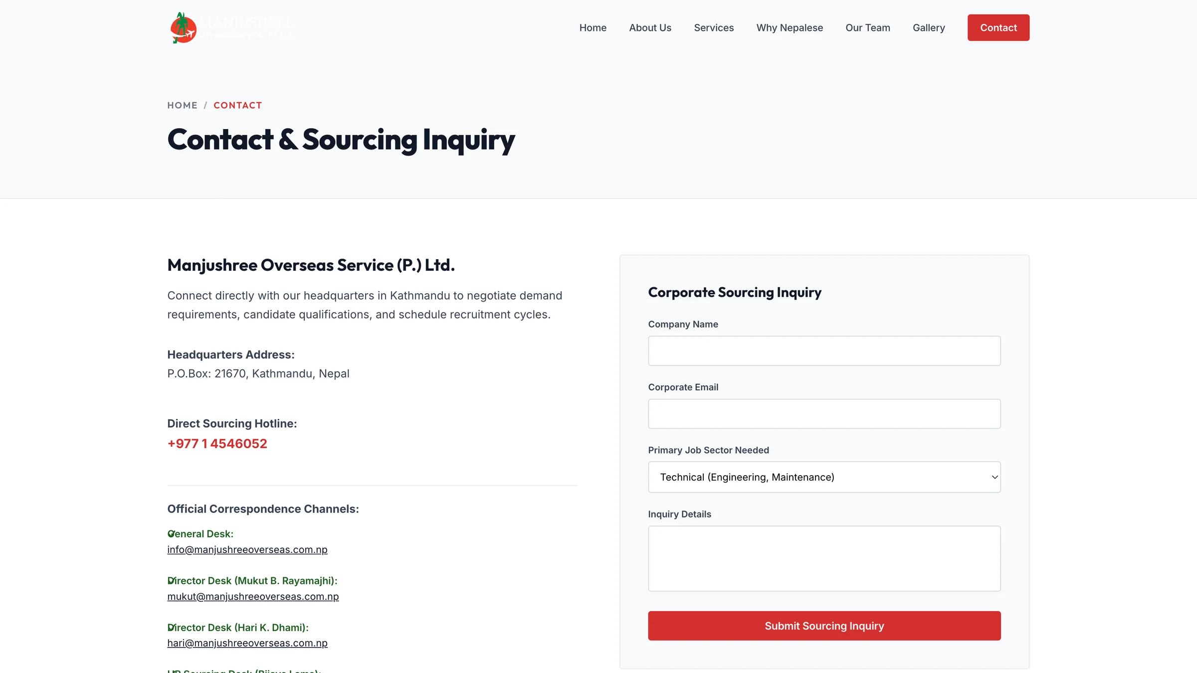 Corporate sourcing inquiry form with sector and headcount fields