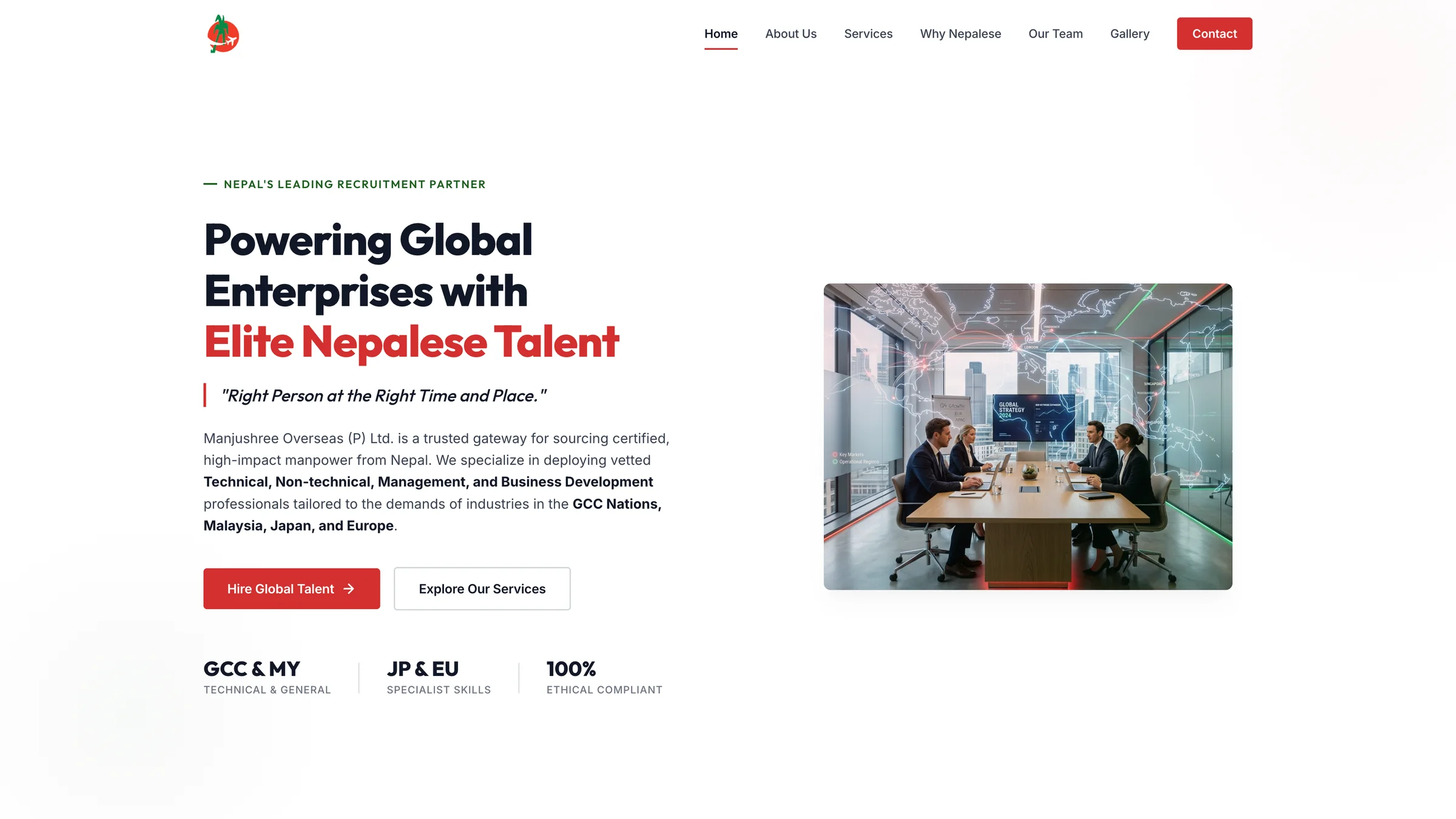 Manjushree Overseas corporate homepage — institutional header and workforce recruitment overview