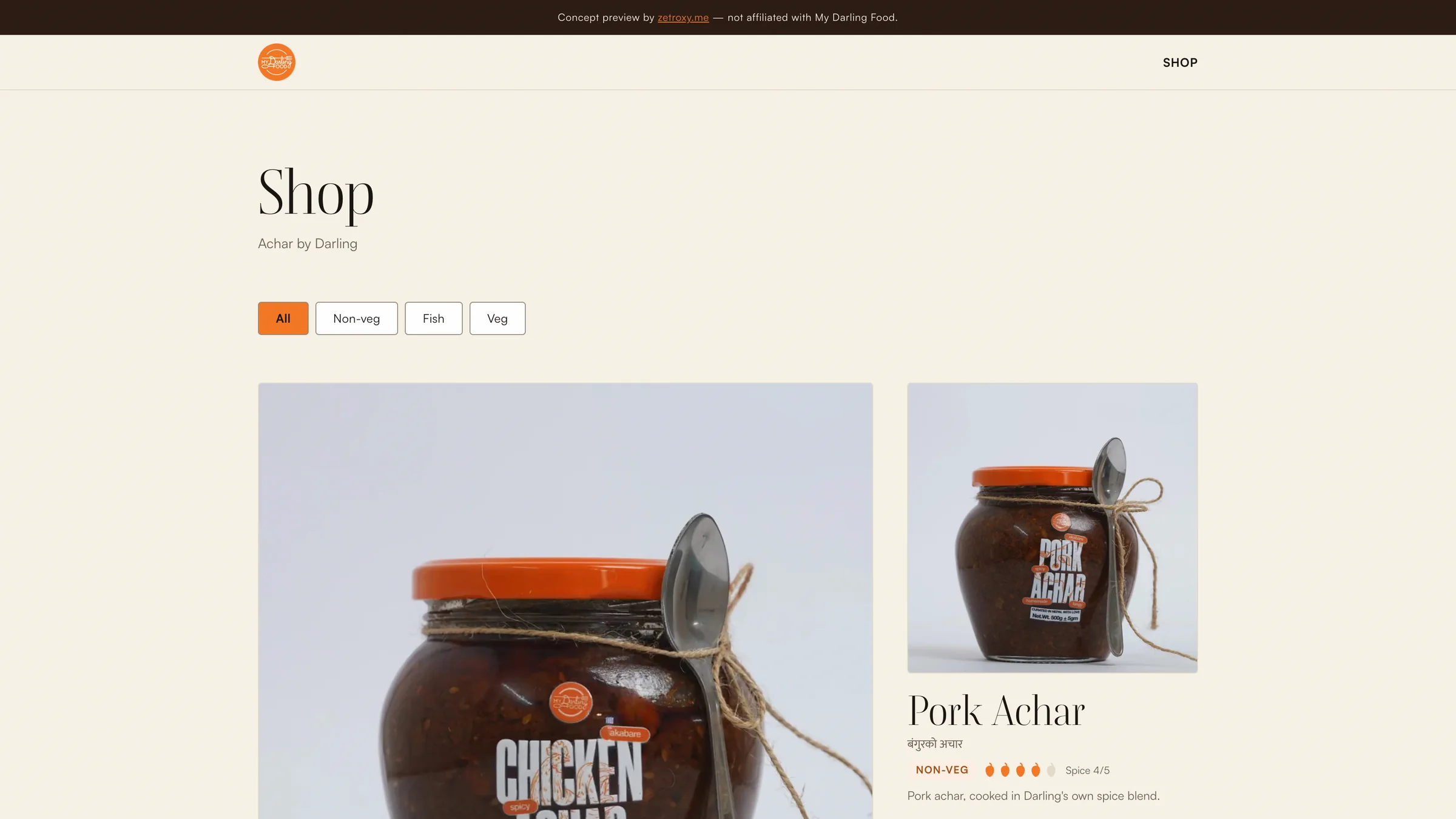 My Darling Food storefront — warm artisanal pickle and achar product showcase