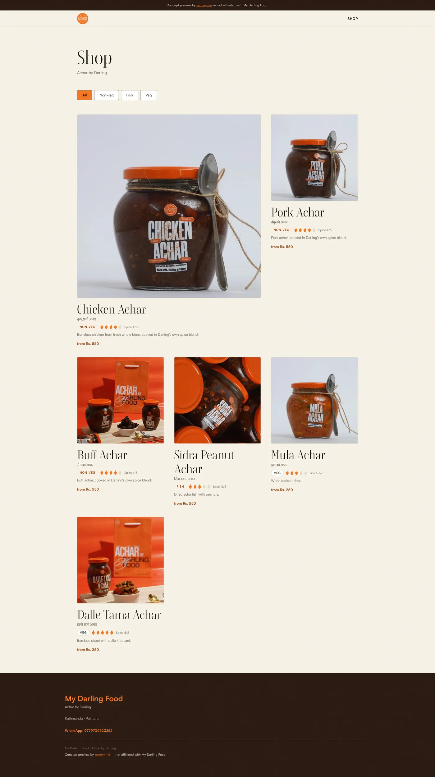 Full catalog scroll of My Darling Food products and jar varieties