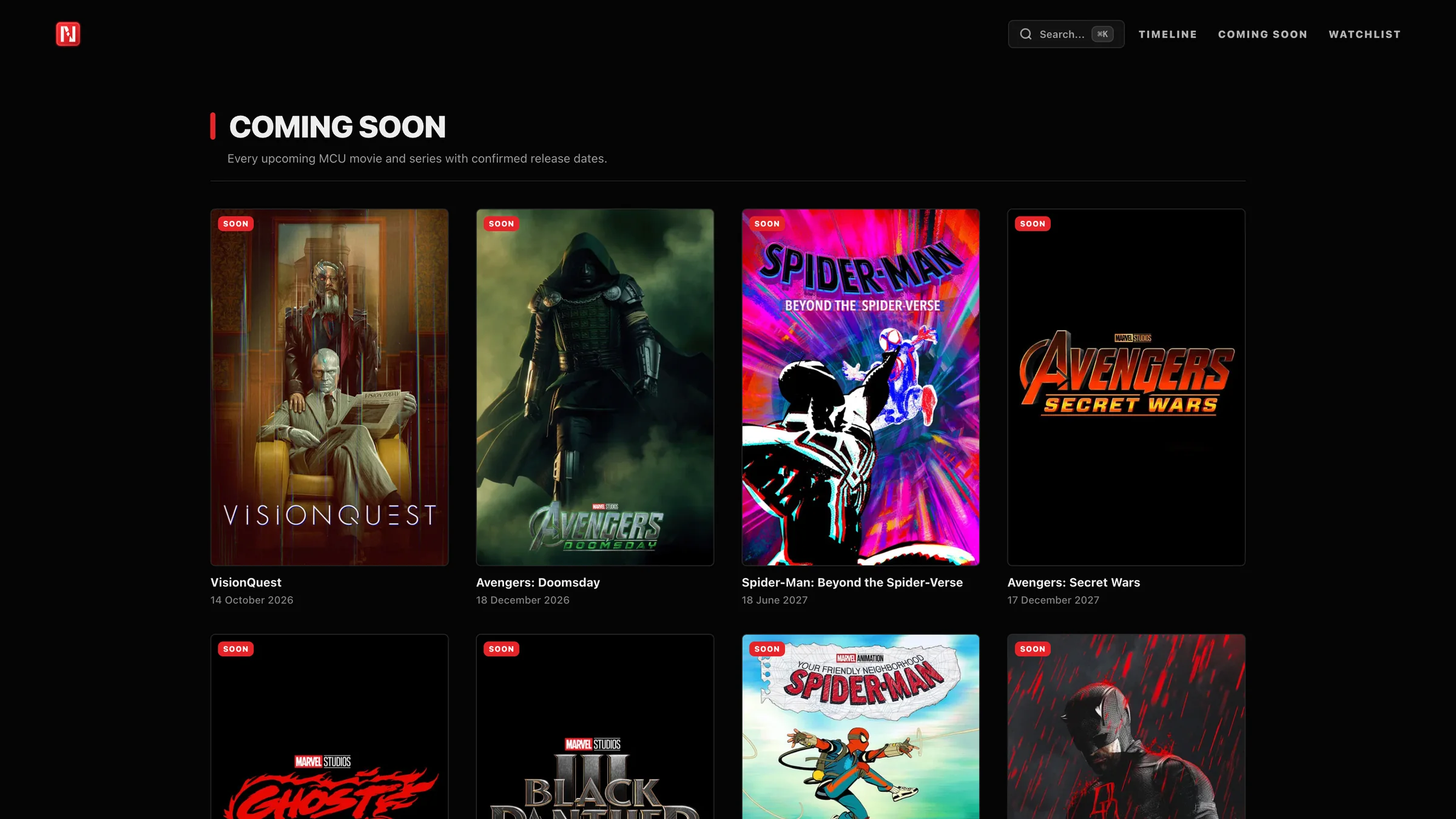 Upcoming MCU releases grid with dates and countdowns