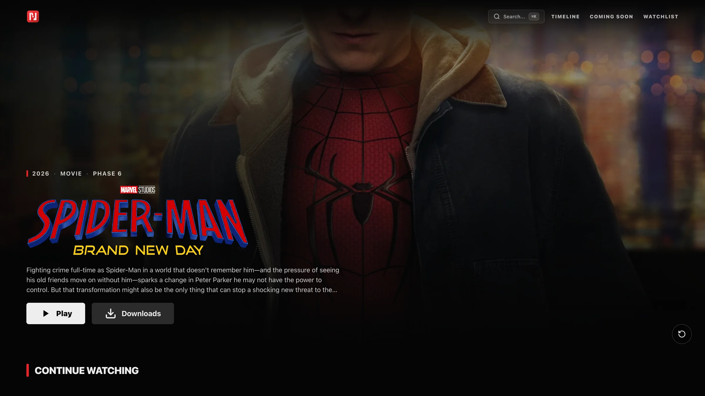 NEXUS homepage hero showcasing Marvel Cinematic Universe streaming interface