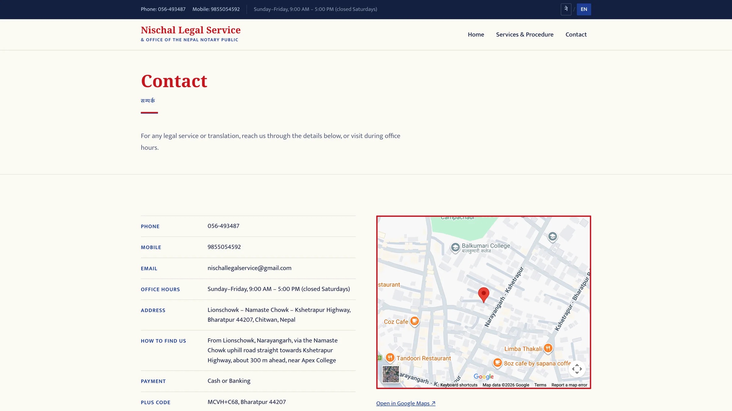 Contact page with embedded map and legal consultation form