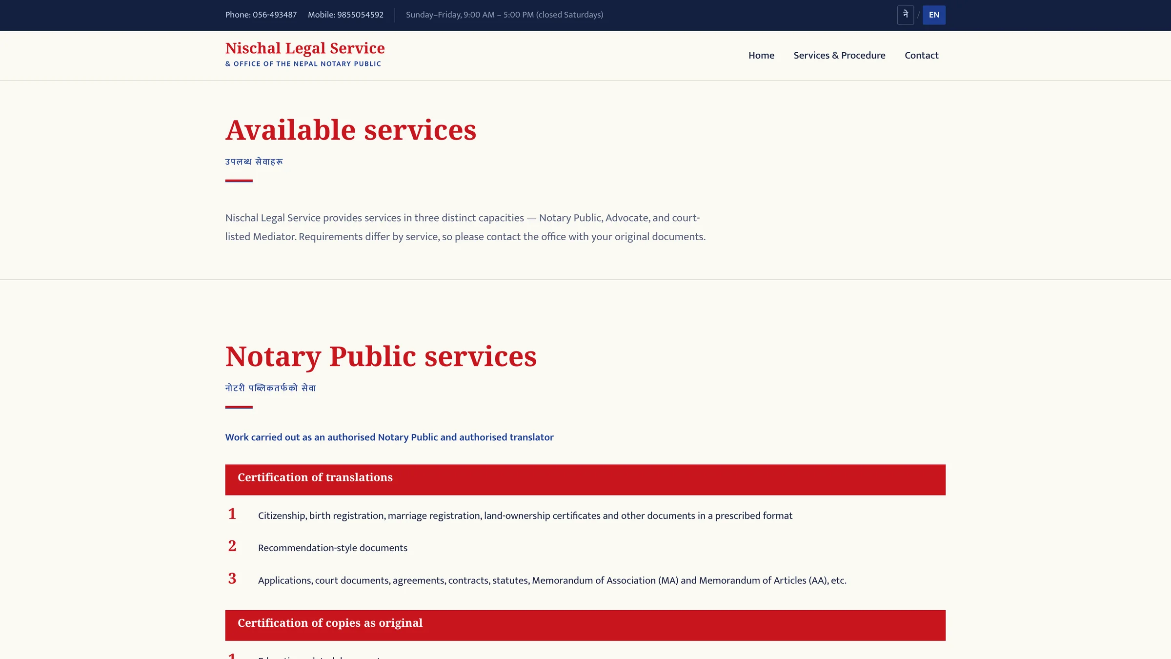 Nischal Legal Service practice areas and legal services breakdown